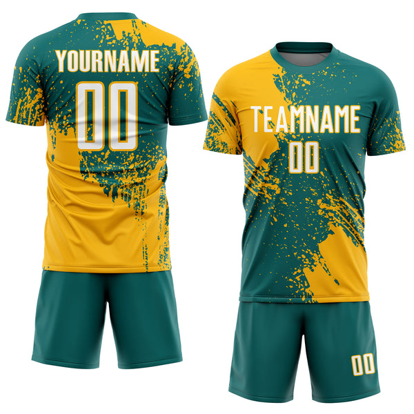 Custom Teal White-Gold Abstract Brush Stroke Sports Sublimation Soccer Uniform Jersey