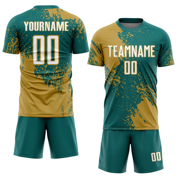Custom Teal White-Old Gold Abstract Brush Stroke Sports Sublimation Soccer Uniform Jersey