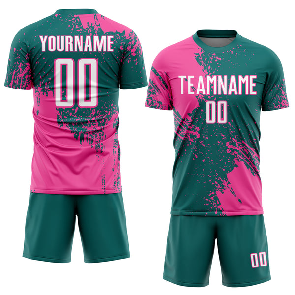 Custom Teal White-Pink Abstract Brush Stroke Sports Sublimation Soccer Uniform Jersey