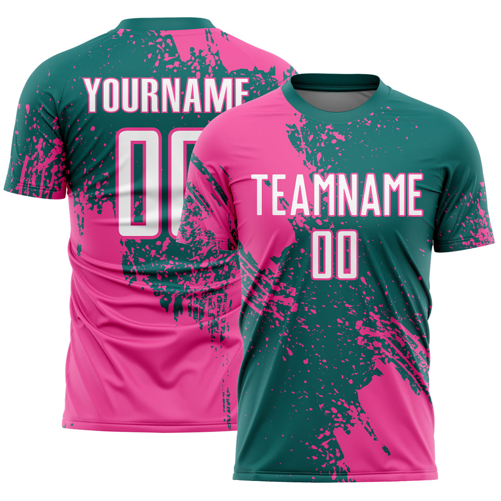 Custom Teal White-Pink Abstract Brush Stroke Sports Sublimation Soccer Uniform Jersey