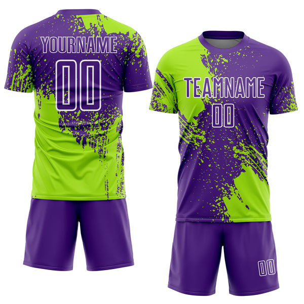 Custom Purple Neon Green-White Abstract Brush Stroke Sports Sublimation Soccer Uniform Jersey