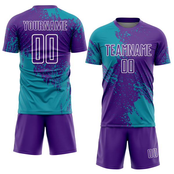Custom Purple Teal-White Abstract Brush Stroke Sports Sublimation Soccer Uniform Jersey
