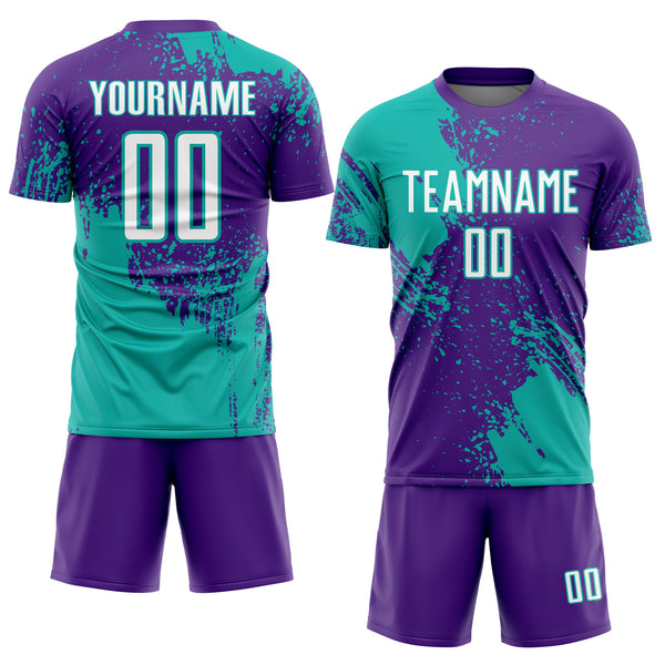 Custom Purple White-Aqua Abstract Brush Stroke Sports Sublimation Soccer Uniform Jersey