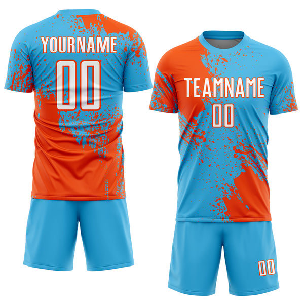 Custom Sky Blue White-Orange Abstract Brush Stroke Sports Sublimation Soccer Uniform Jersey