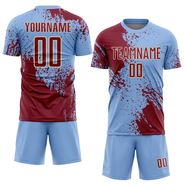 Custom Light Blue Crimson-Cream Abstract Brush Stroke Sports Sublimation Soccer Uniform Jersey