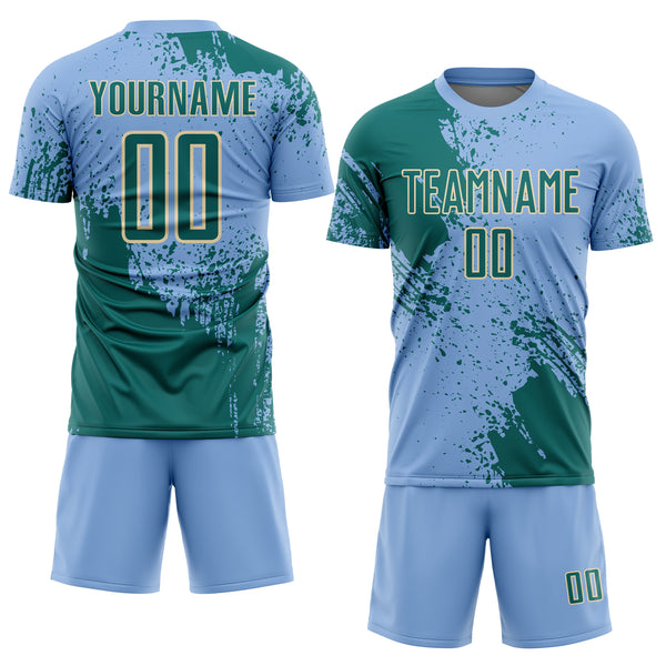 Custom Light Blue Teal-Cream Abstract Brush Stroke Sports Sublimation Soccer Uniform Jersey