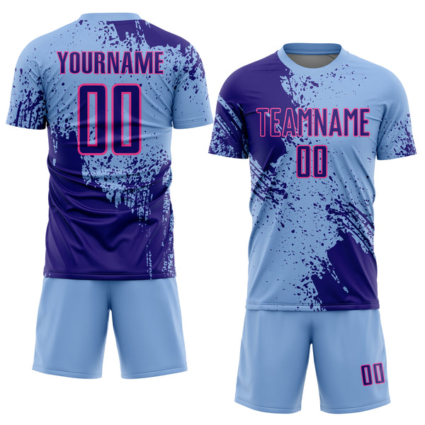 Custom Light Blue Dark Purple-Pink Abstract Brush Stroke Sports Sublimation Soccer Uniform Jersey