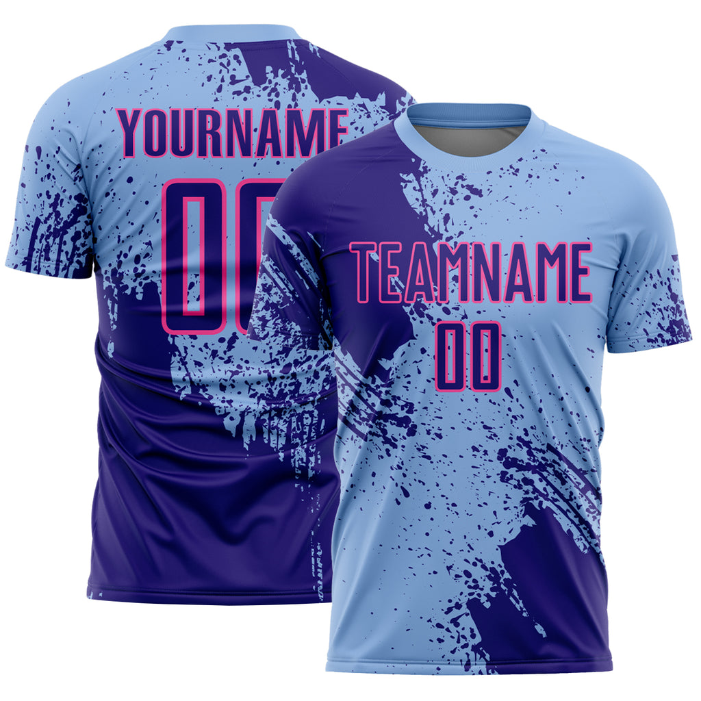 Custom Light Blue Dark Purple-Pink Abstract Brush Stroke Sports Sublimation Soccer Uniform Jersey