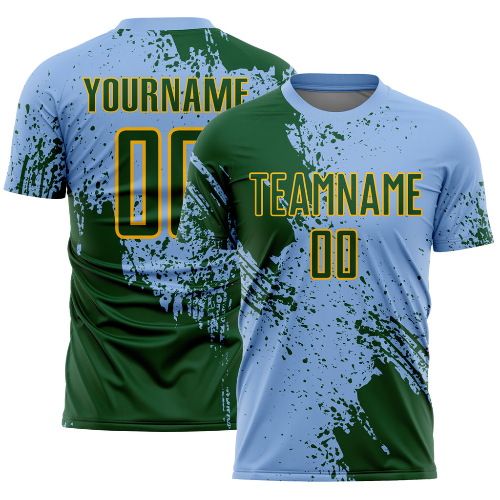 Custom Light Blue Green-Gold Abstract Brush Stroke Sports Sublimation Soccer Uniform Jersey