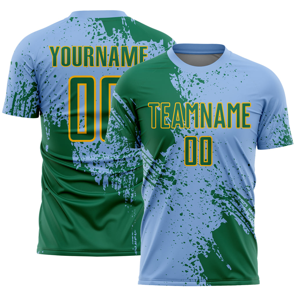 Custom Light Blue Kelly Green-Gold Abstract Brush Stroke Sports Sublimation Soccer Uniform Jersey