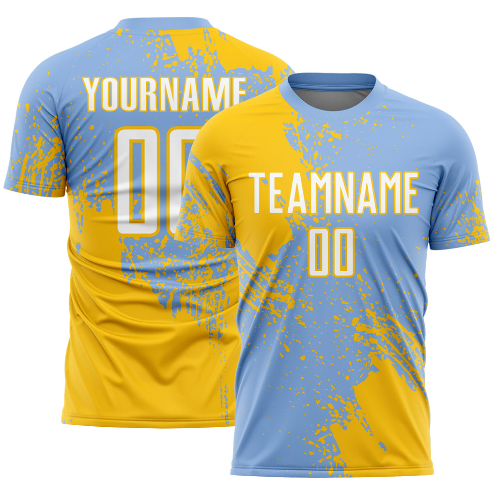Custom Light Blue White-Yellow Abstract Brush Stroke Sports Sublimation Soccer Uniform Jersey