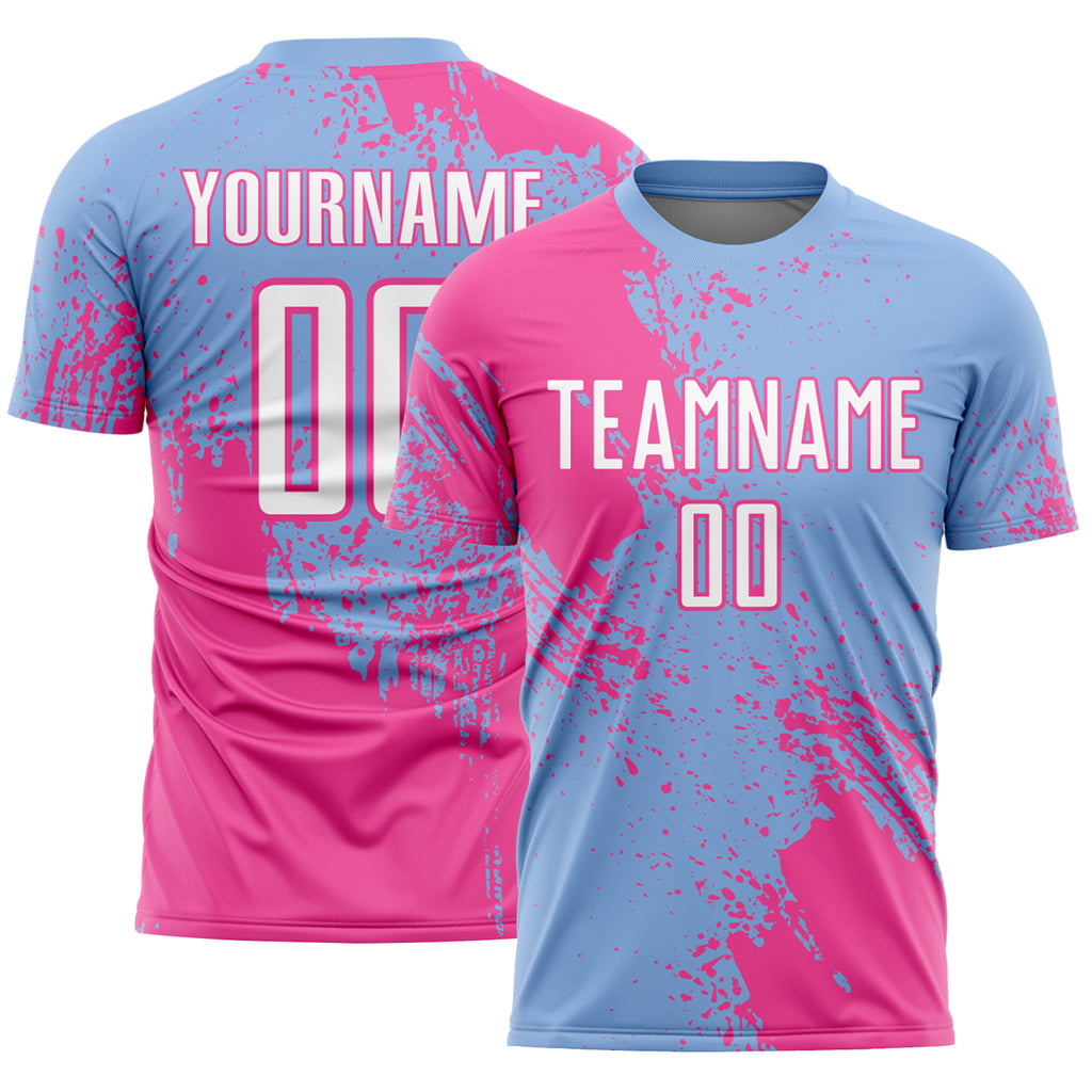 Custom Light Blue White-Pink Abstract Brush Stroke Sports Sublimation Soccer Uniform Jersey