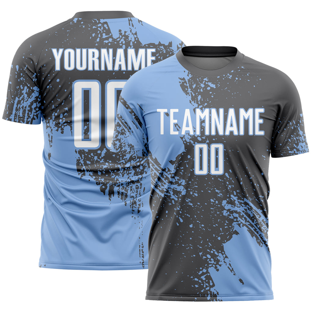 Custom Steel Gray White-Light Blue Abstract Brush Stroke Sports Sublimation Soccer Uniform Jersey