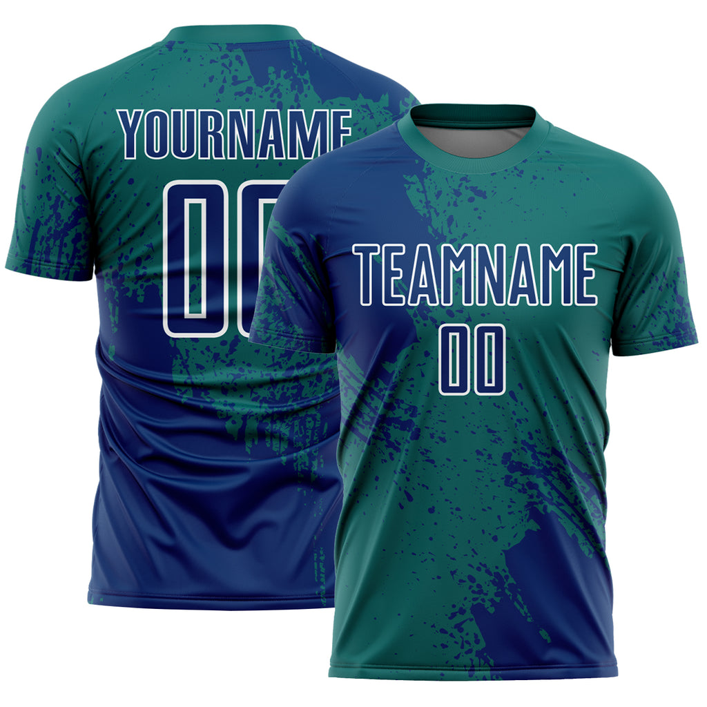 Custom Teal US Navy Blue-White Abstract Brush Stroke Sports Sublimation Soccer Uniform Jersey