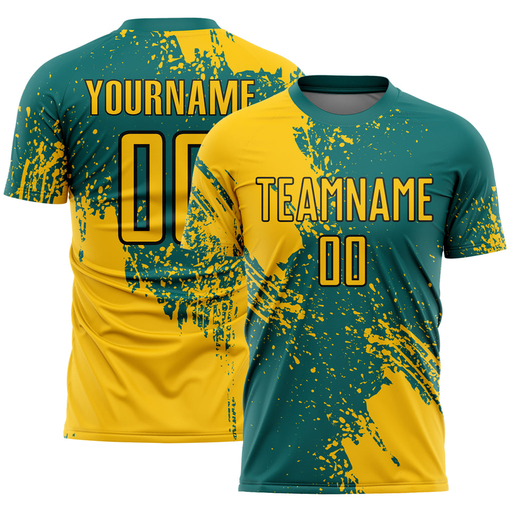 Custom Teal Yellow-Black Abstract Brush Stroke Sports Sublimation Soccer Uniform Jersey