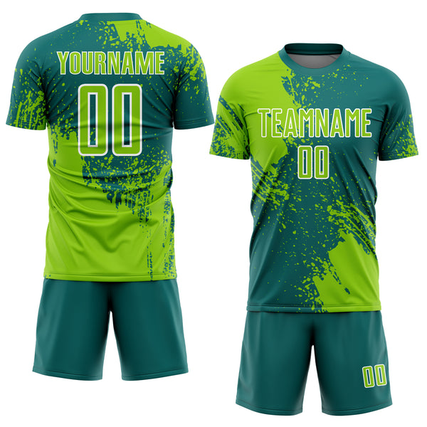 Custom Teal Neon Green-White Abstract Brush Stroke Sports Sublimation Soccer Uniform Jersey