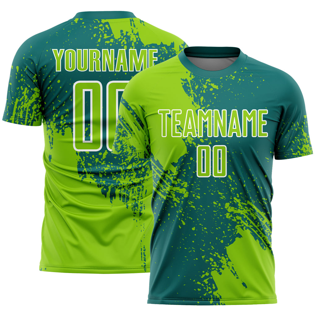 Custom Teal Neon Green-White Abstract Brush Stroke Sports Sublimation Soccer Uniform Jersey