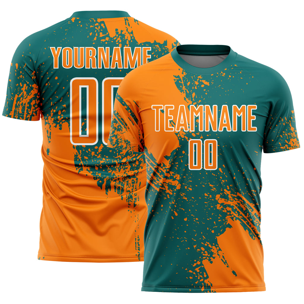 Custom Teal Bay Orange-White Abstract Brush Stroke Sports Sublimation Soccer Uniform Jersey
