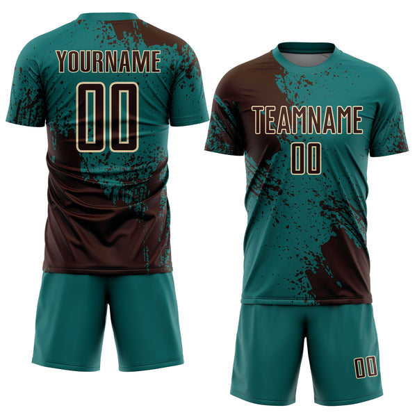 Custom Teal Brown-Cream Abstract Brush Stroke Sports Sublimation Soccer Uniform Jersey