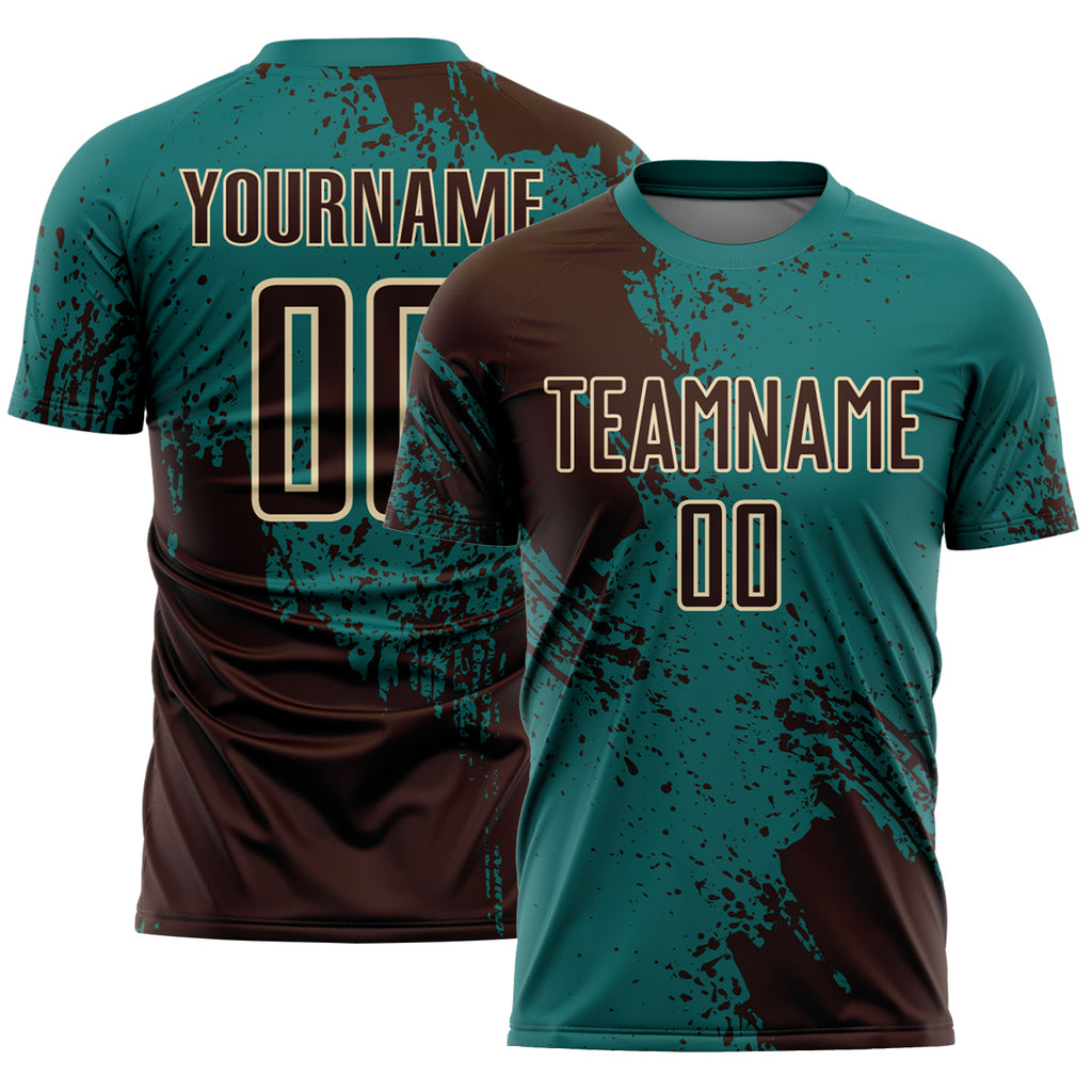Custom Teal Brown-Cream Abstract Brush Stroke Sports Sublimation Soccer Uniform Jersey