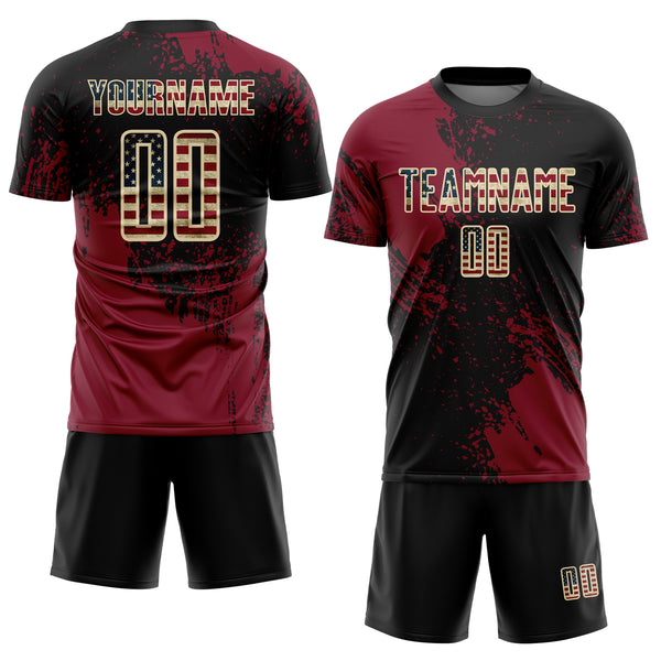 Custom Black Vintage USA Flag Crimson-Cream Abstract Brush Stroke Sports Sublimation Soccer Uniform Jersey
