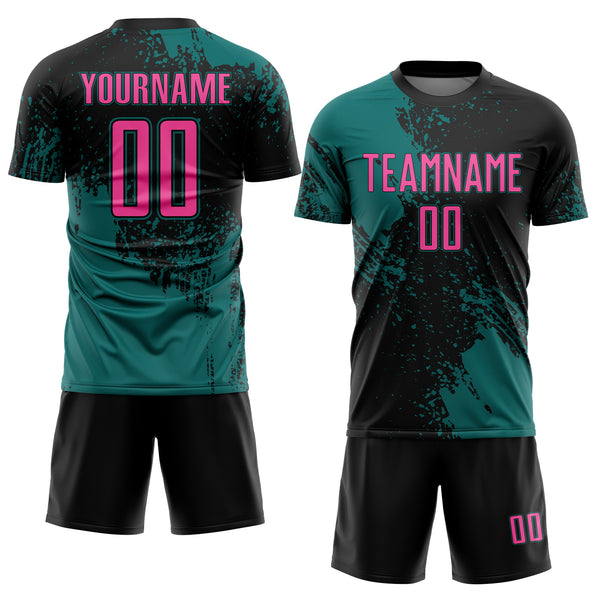 Custom Black Pink-Teal Abstract Brush Stroke Sports Sublimation Soccer Uniform Jersey