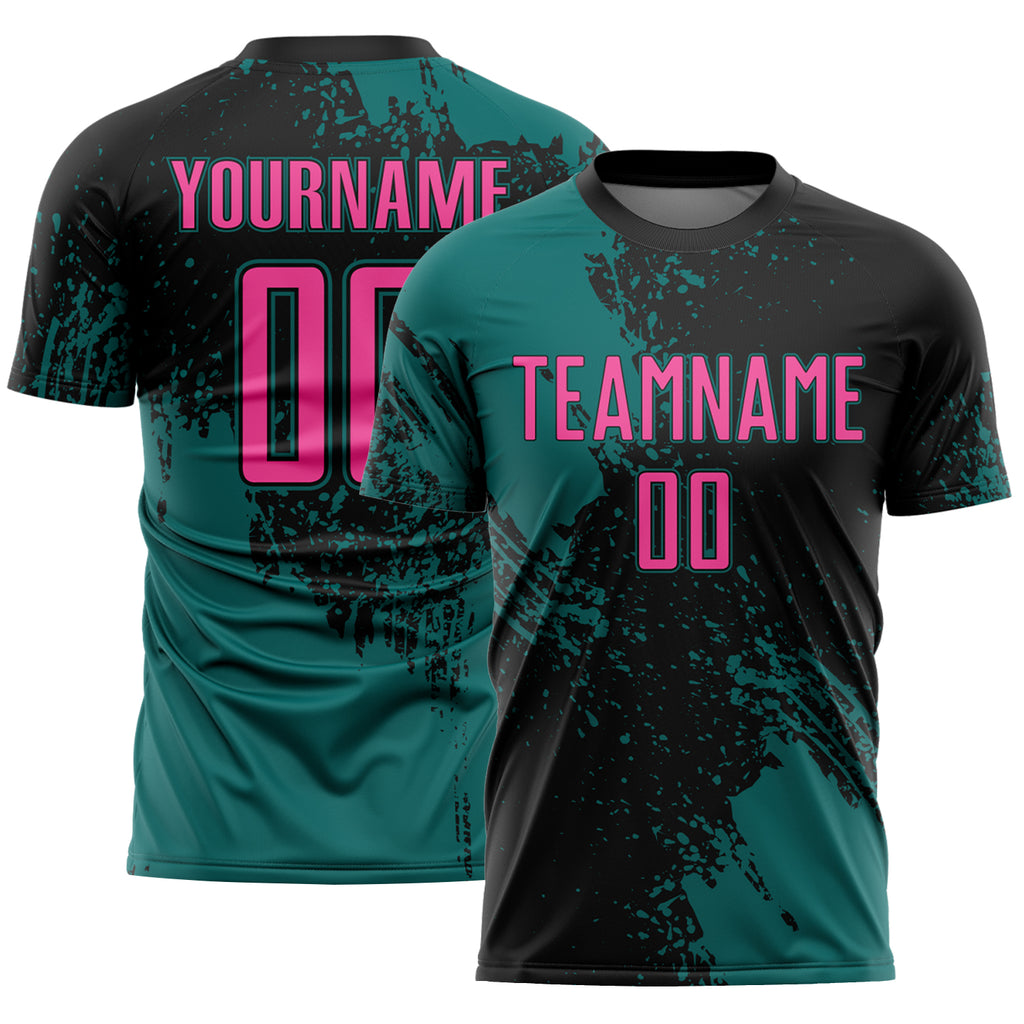 Custom Black Pink-Teal Abstract Brush Stroke Sports Sublimation Soccer Uniform Jersey