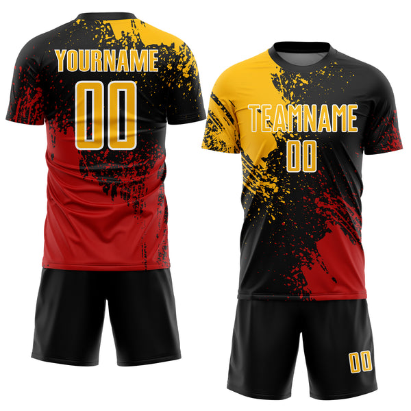 Custom Black Gold Red-White Abstract Brush Stroke Sports Sublimation Soccer Uniform Jersey