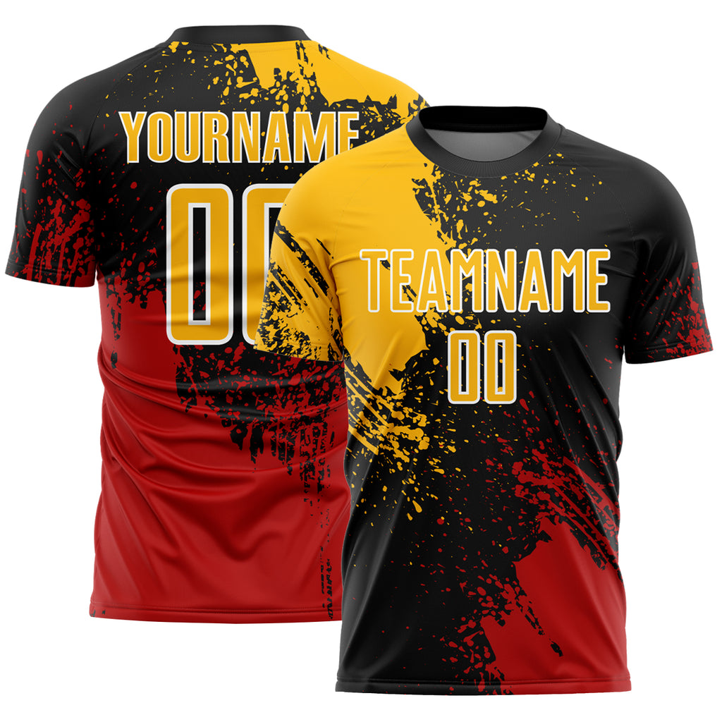Custom Black Gold Red-White Abstract Brush Stroke Sports Sublimation Soccer Uniform Jersey