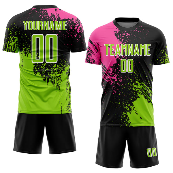 Custom Black Neon Green Pink-White Abstract Brush Stroke Sports Sublimation Soccer Uniform Jersey