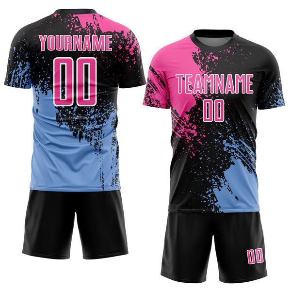 Custom Black Pink Light Blue-White Abstract Brush Stroke Sports Sublimation Soccer Uniform Jersey