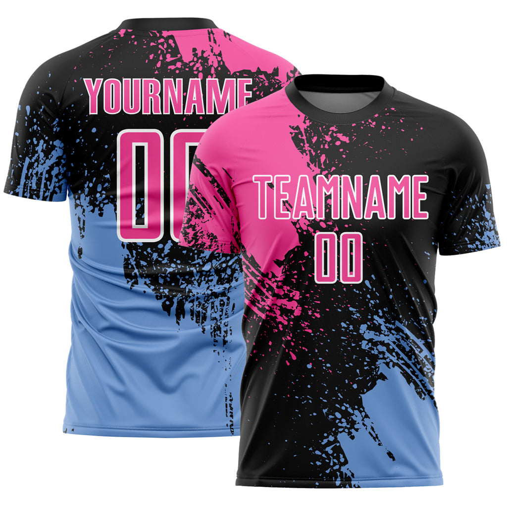 Custom Black Pink Light Blue-White Abstract Brush Stroke Sports Sublimation Soccer Uniform Jersey