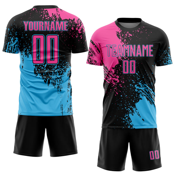 Custom Black Pink-Sky Blue Abstract Brush Stroke Sports Sublimation Soccer Uniform Jersey