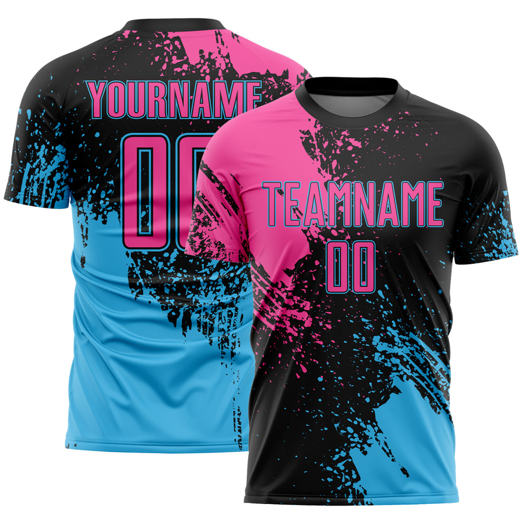 Custom Black Pink-Sky Blue Abstract Brush Stroke Sports Sublimation Soccer Uniform Jersey