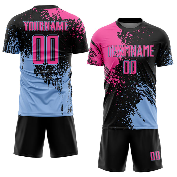 Custom Black Pink-Light Blue Abstract Brush Stroke Sports Sublimation Soccer Uniform Jersey