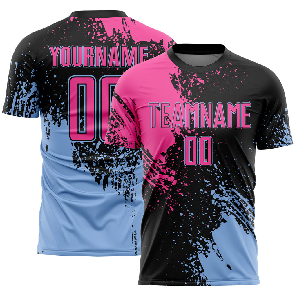 Custom Black Pink-Light Blue Abstract Brush Stroke Sports Sublimation Soccer Uniform Jersey