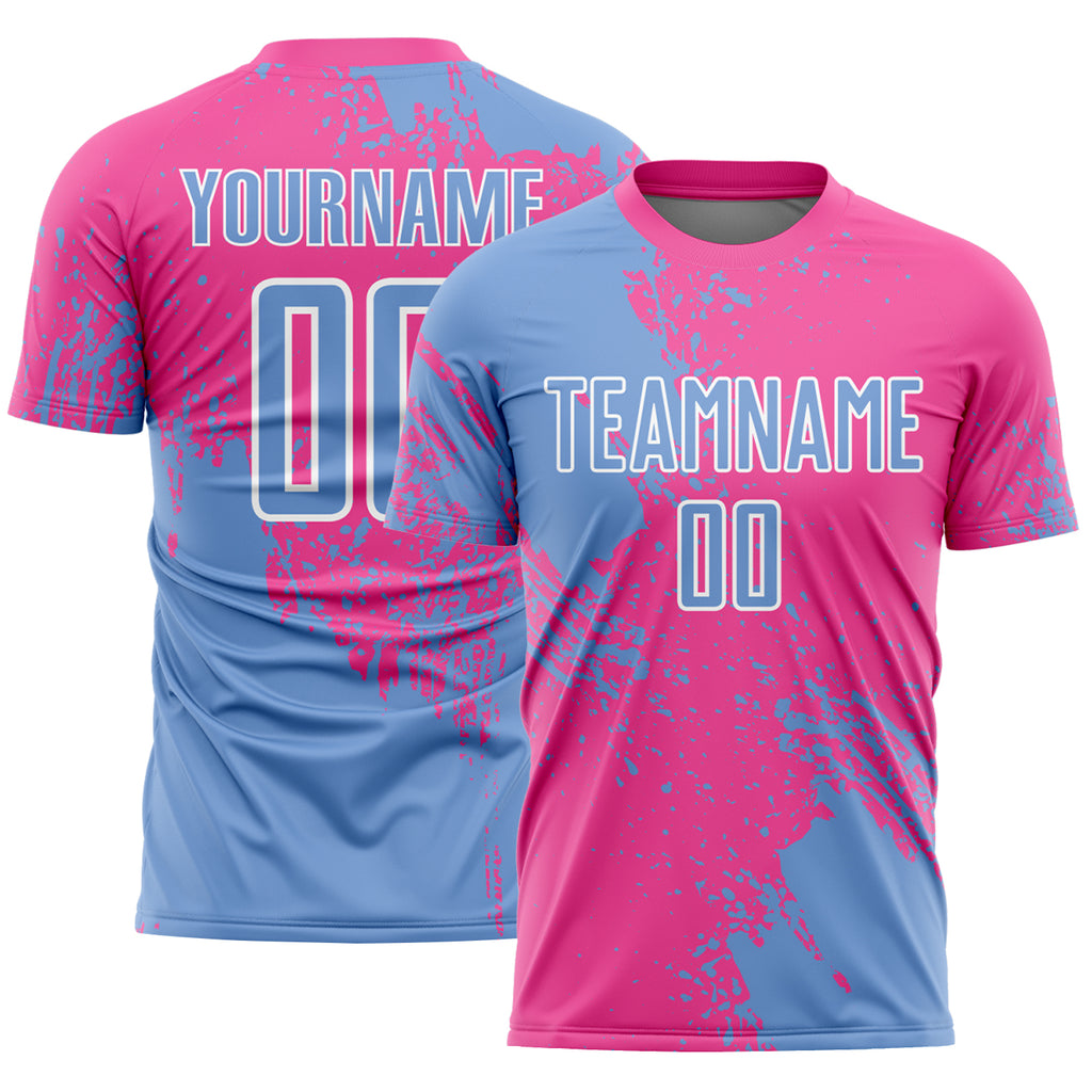 Custom Pink Light Blue-White Abstract Brush Stroke Sports Sublimation Soccer Uniform Jersey