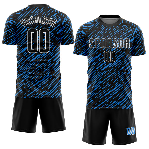 Custom Black Powder Blue-White Line Sports Sublimation Soccer Uniform Jersey