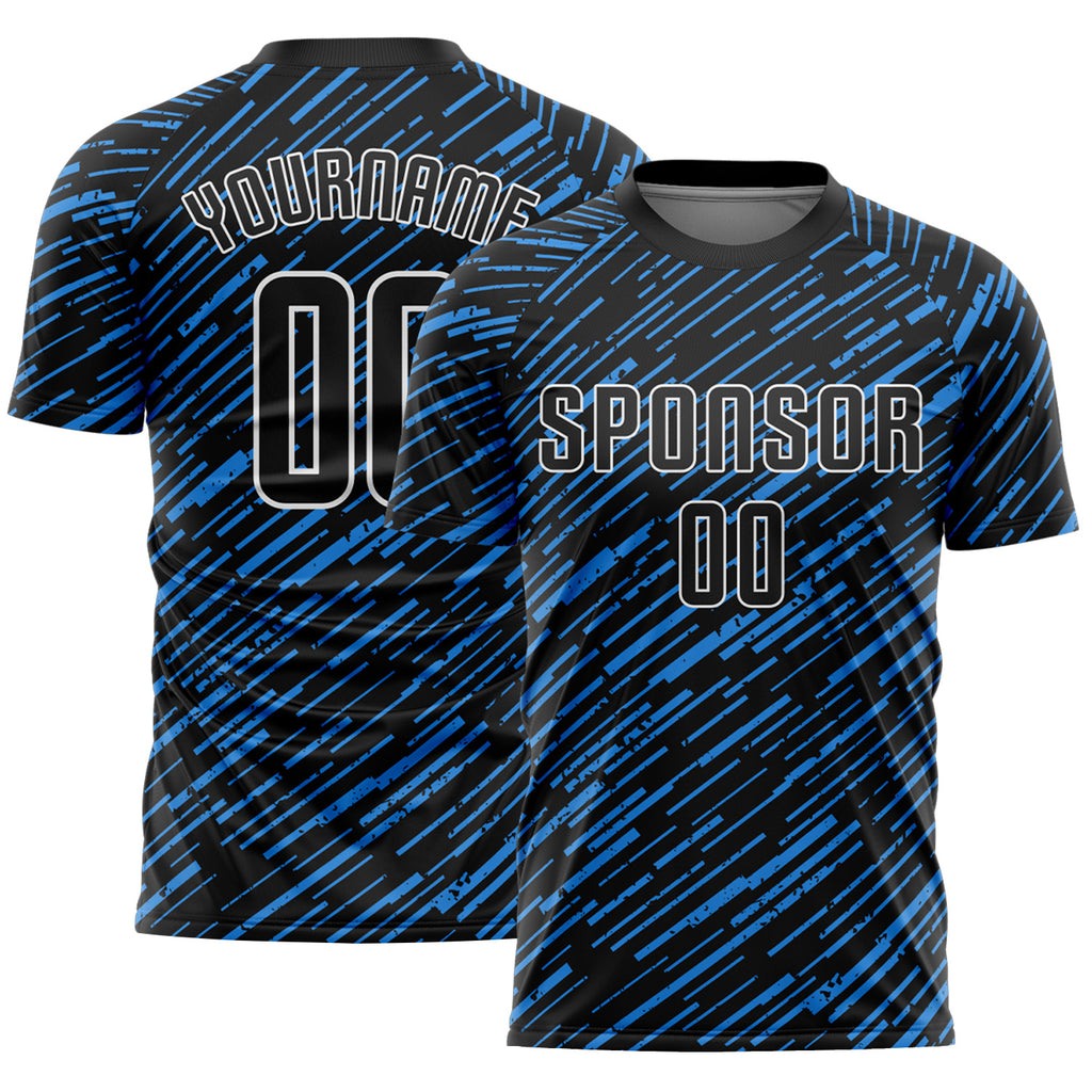 Custom Black Powder Blue-White Line Sports Sublimation Soccer Uniform Jersey
