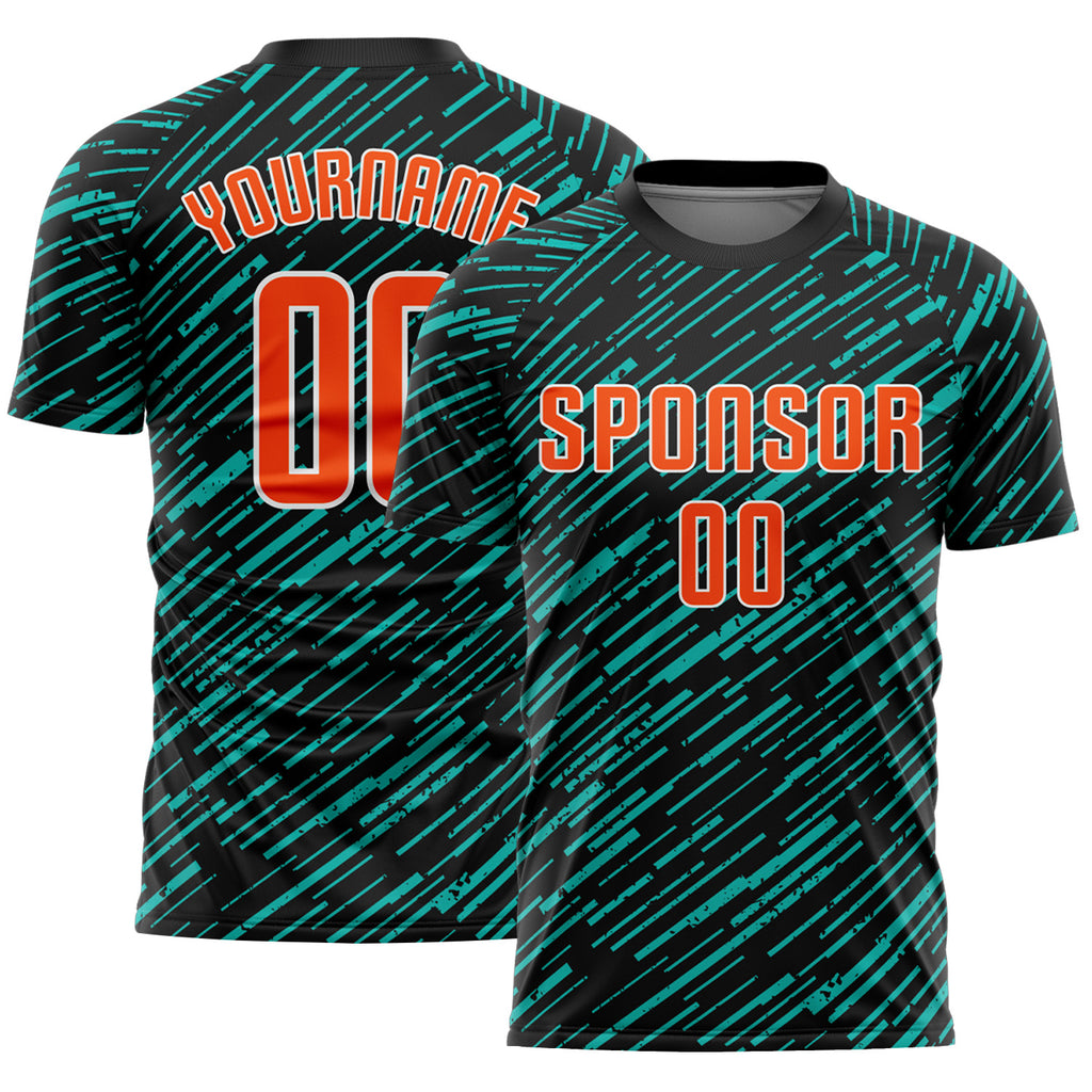Custom Black Orange Aqua-White Line Sports Sublimation Soccer Uniform Jersey