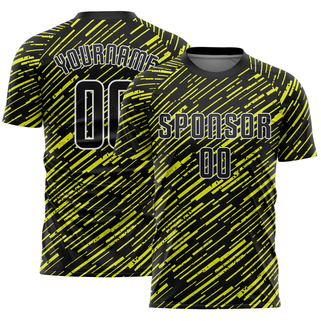 Custom Black Neon Yellow-White Line Sports Sublimation Soccer Uniform Jersey