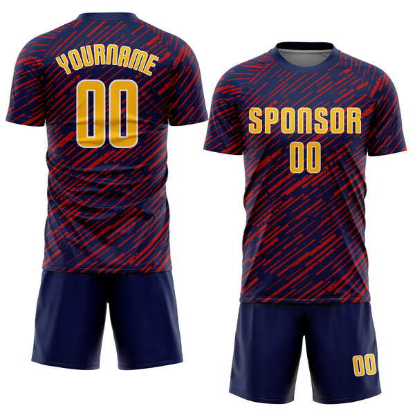 Custom Navy Gold Red-White Line Sports Sublimation Soccer Uniform Jersey
