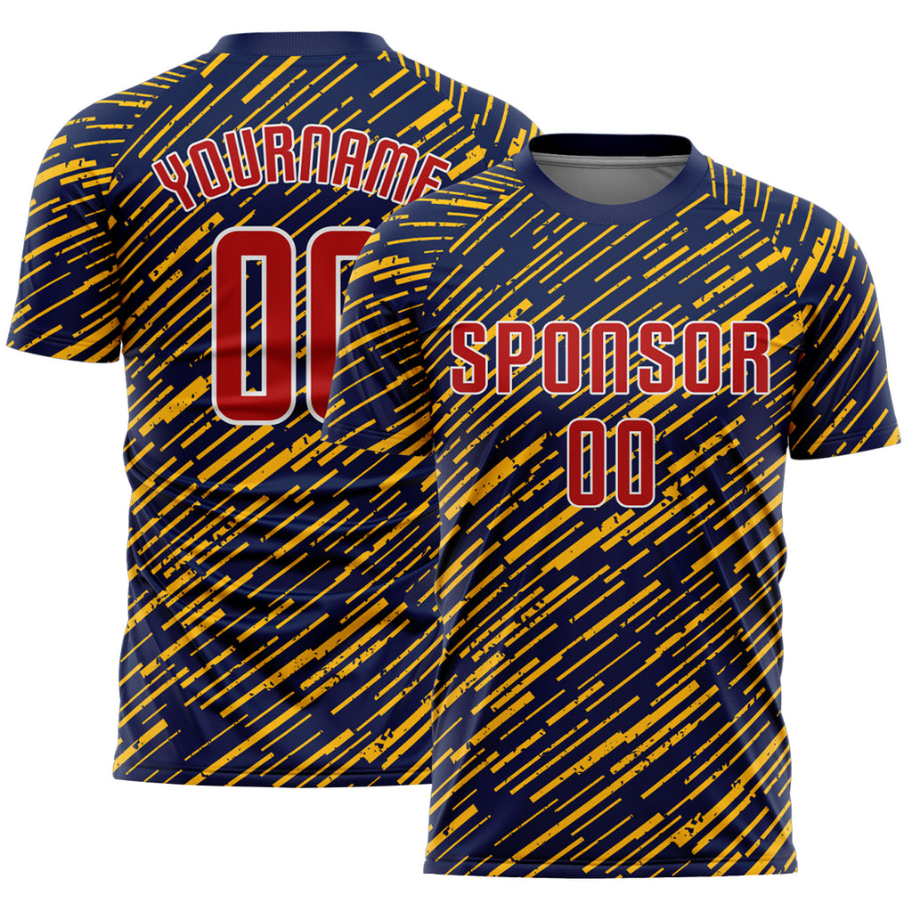 Custom Navy Red Gold-White Line Sports Sublimation Soccer Uniform Jersey
