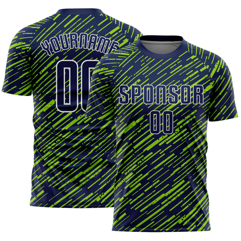 Custom Navy Neon Green-White Line Sports Sublimation Soccer Uniform Jersey