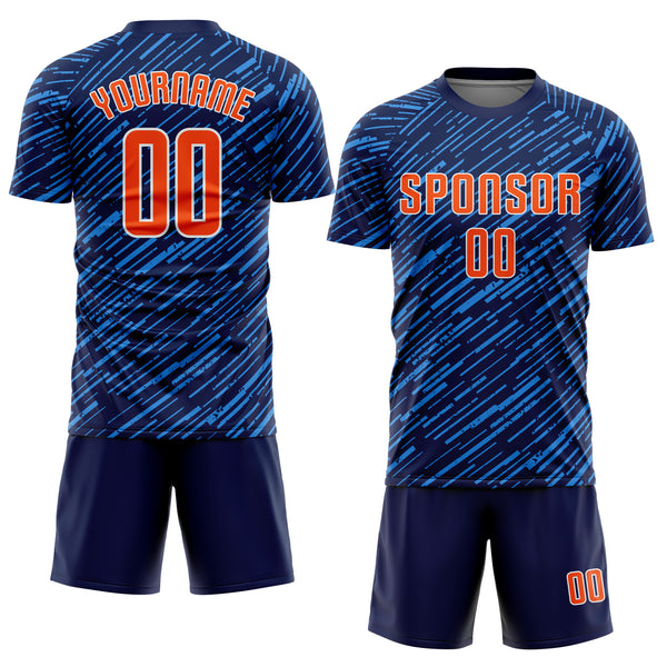 Custom Navy Orange Powder Blue-White Line Sports Sublimation Soccer Uniform Jersey