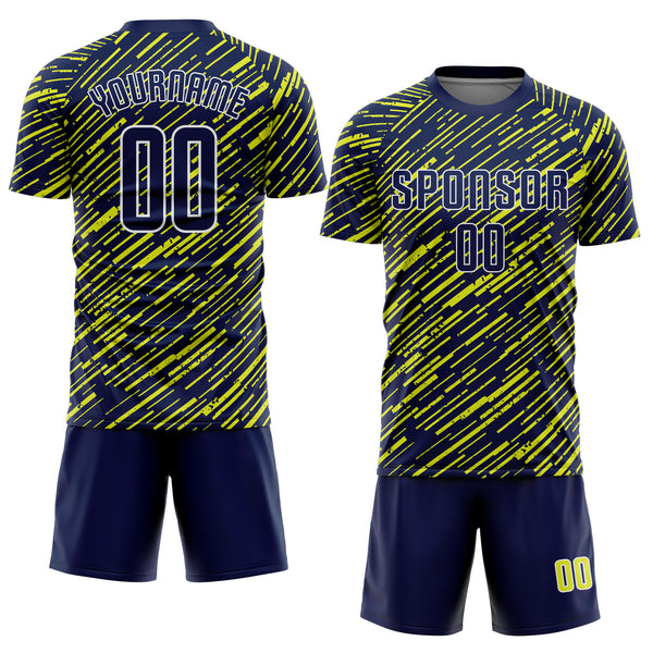 Custom Navy Neon Yellow-White Line Sports Sublimation Soccer Uniform Jersey