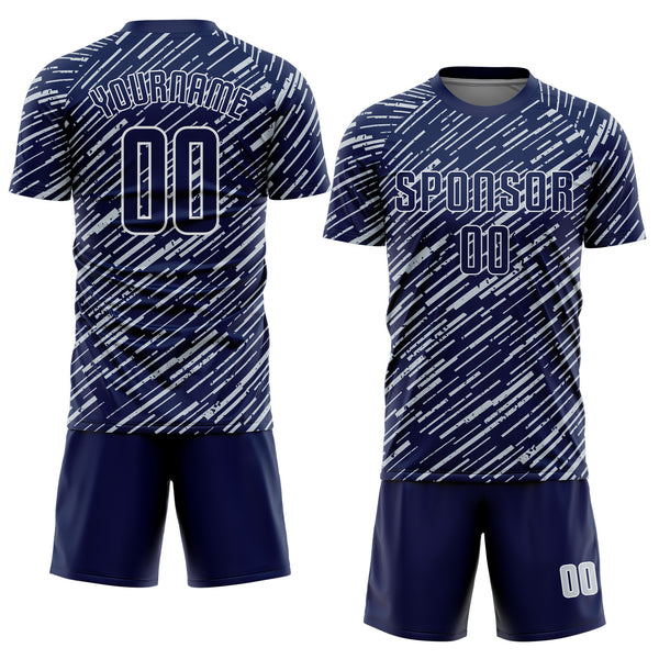Custom Navy Silver-White Line Sports Sublimation Soccer Uniform Jersey