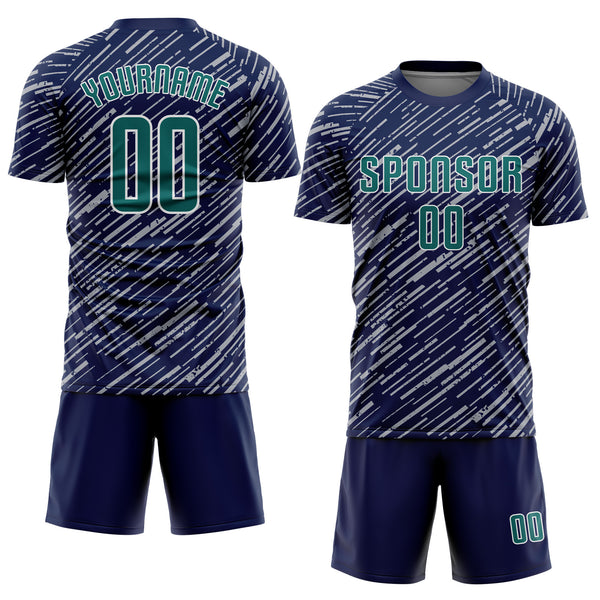 Custom Navy Teal Gray-White Line Sports Sublimation Soccer Uniform Jersey