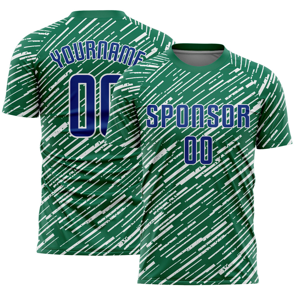 Custom Kelly Green Royal-White Line Sports Sublimation Soccer Uniform Jersey