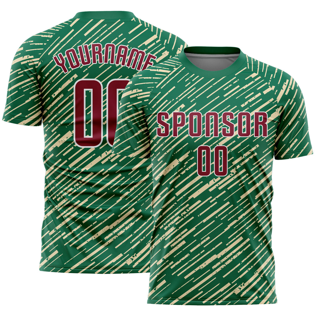 Custom Kelly Green Crimson Cream-White Line Sports Sublimation Soccer Uniform Jersey